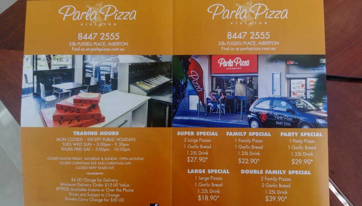 Menu, Parla Pizza Alberton