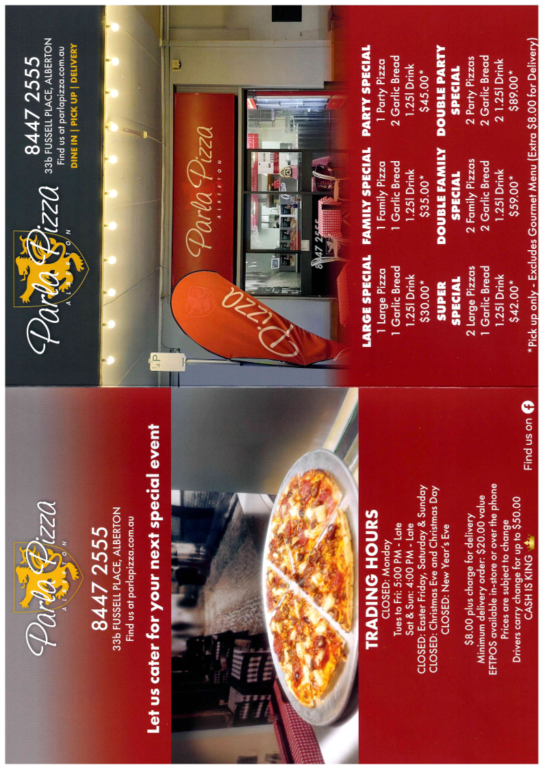 Menu, Parla Pizza Alberton