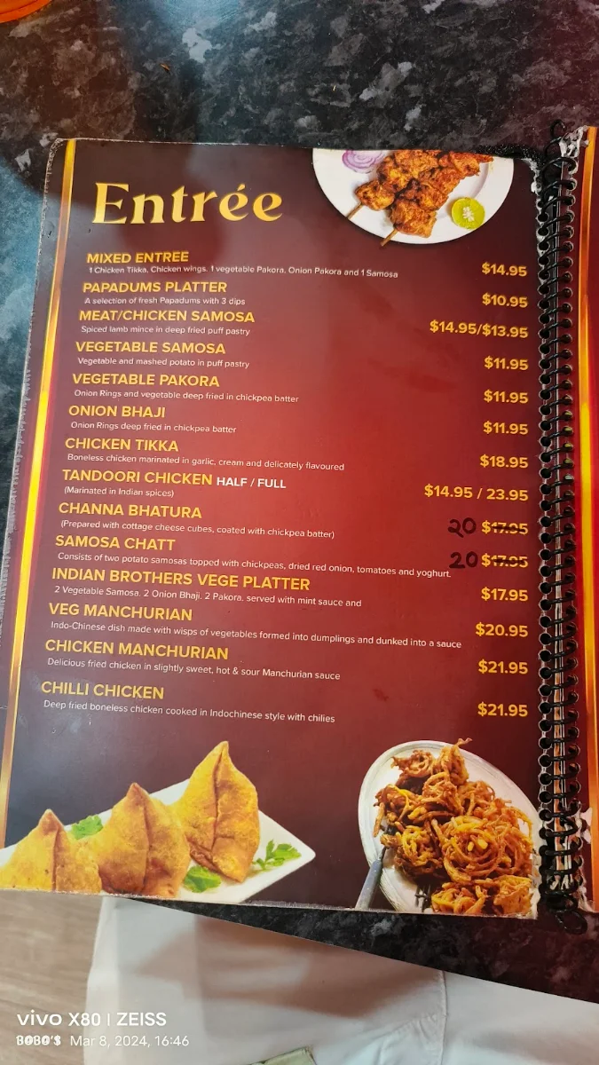 Menu, Indian Brothers Restaurant