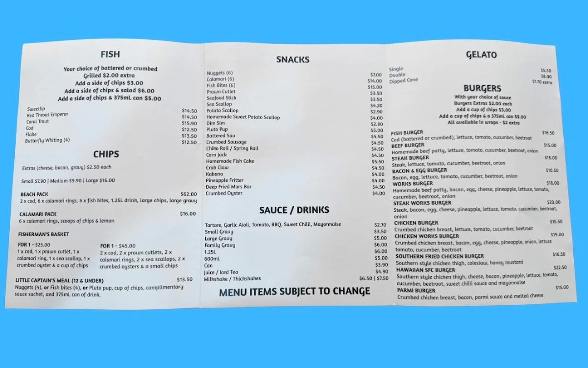 Menu, Tannum Beach Fish & Chips