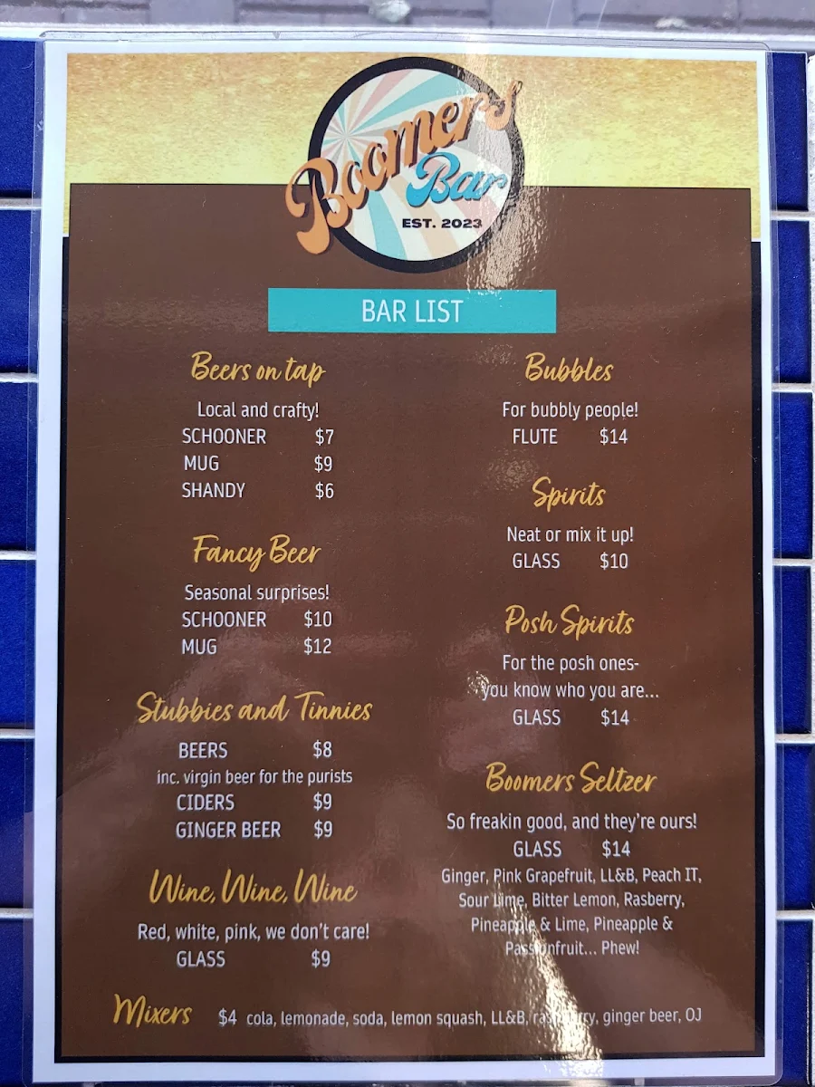 Menu, Boomers Bar and Kitchen