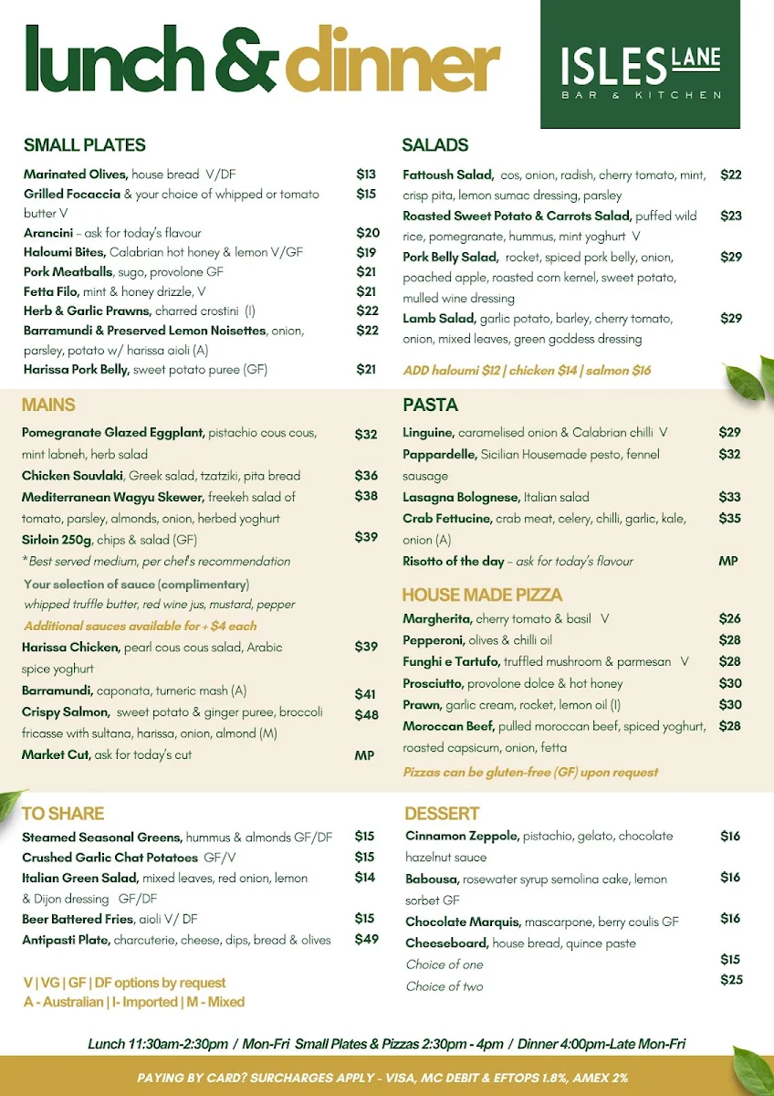 Menu, Isles Lane