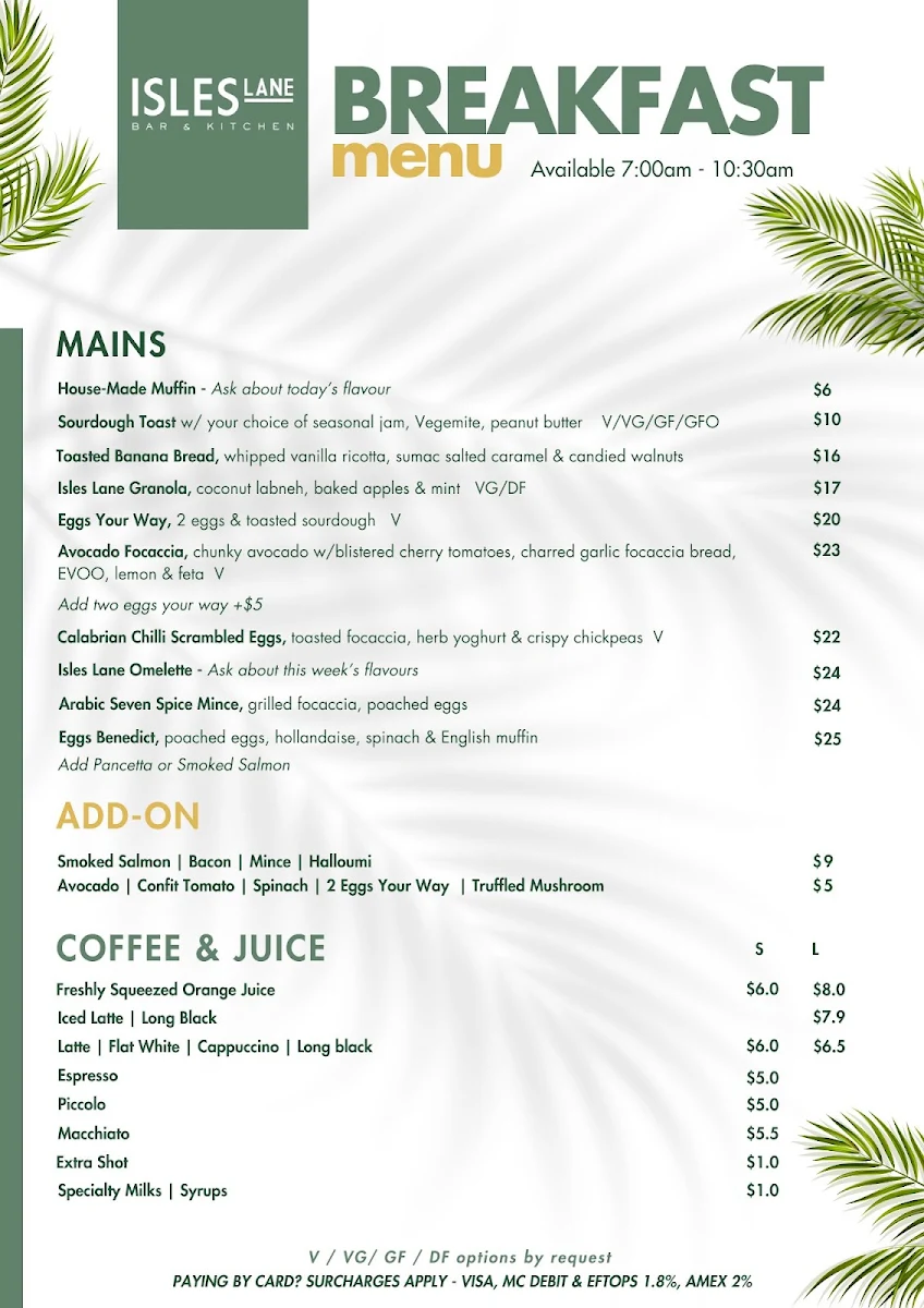 Menu, Isles Lane