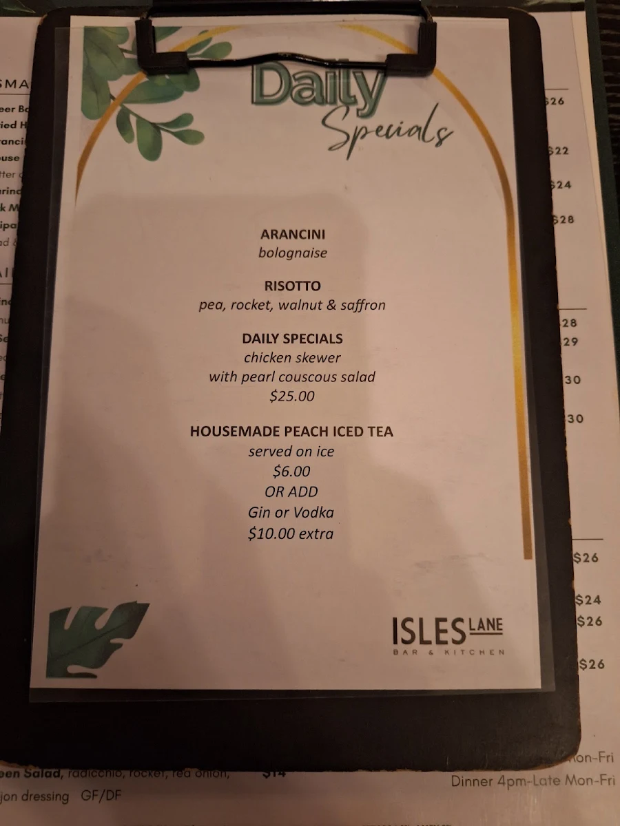 Menu, Isles Lane