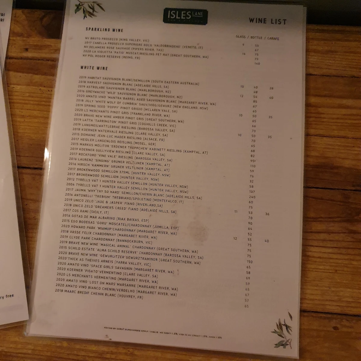 Menu, Isles Lane