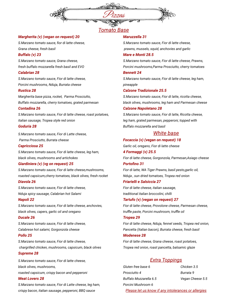 Menu, Maruzzella Restaurant