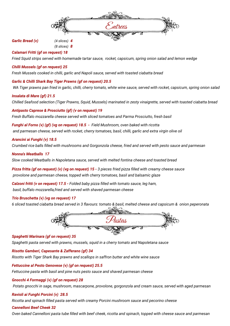 Menu, Maruzzella Restaurant