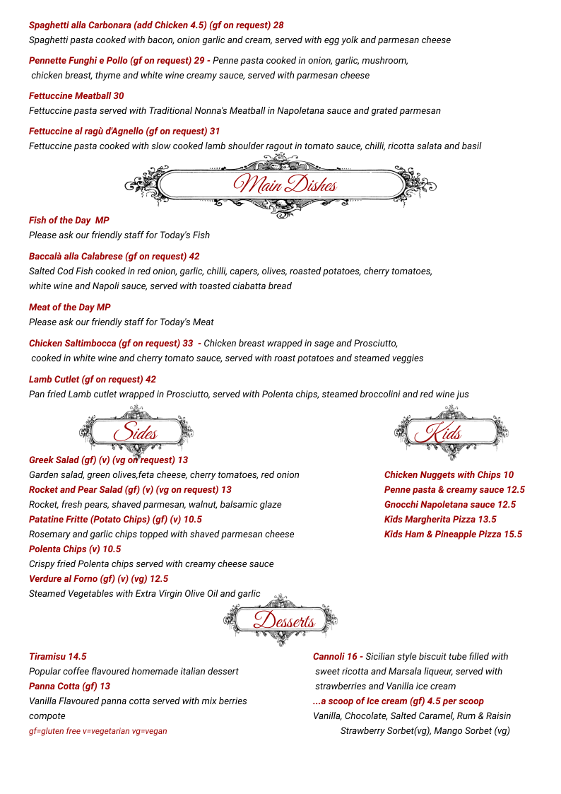 Menu, Maruzzella Restaurant