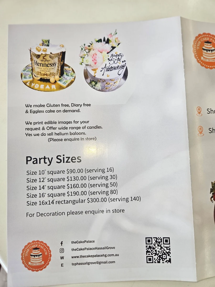 Menu, The Cake Palace
