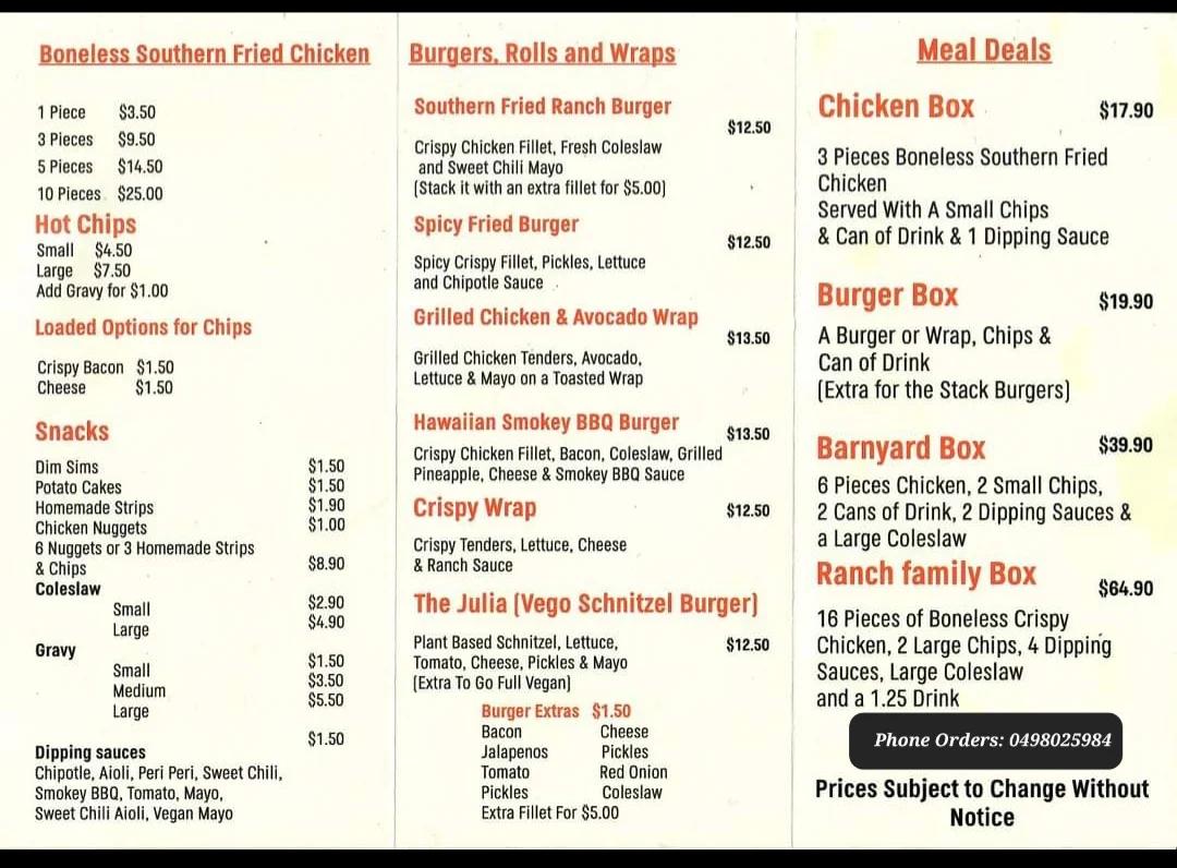 Menu, Chick N Ranch Food Van