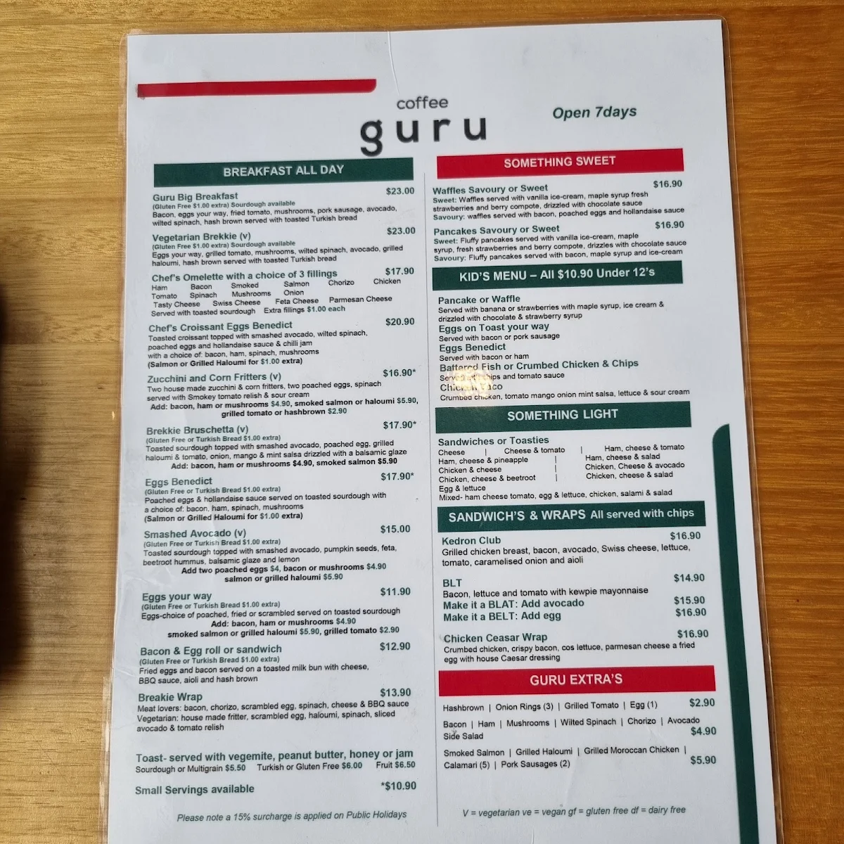 Menu, Coffee Guru Kedron