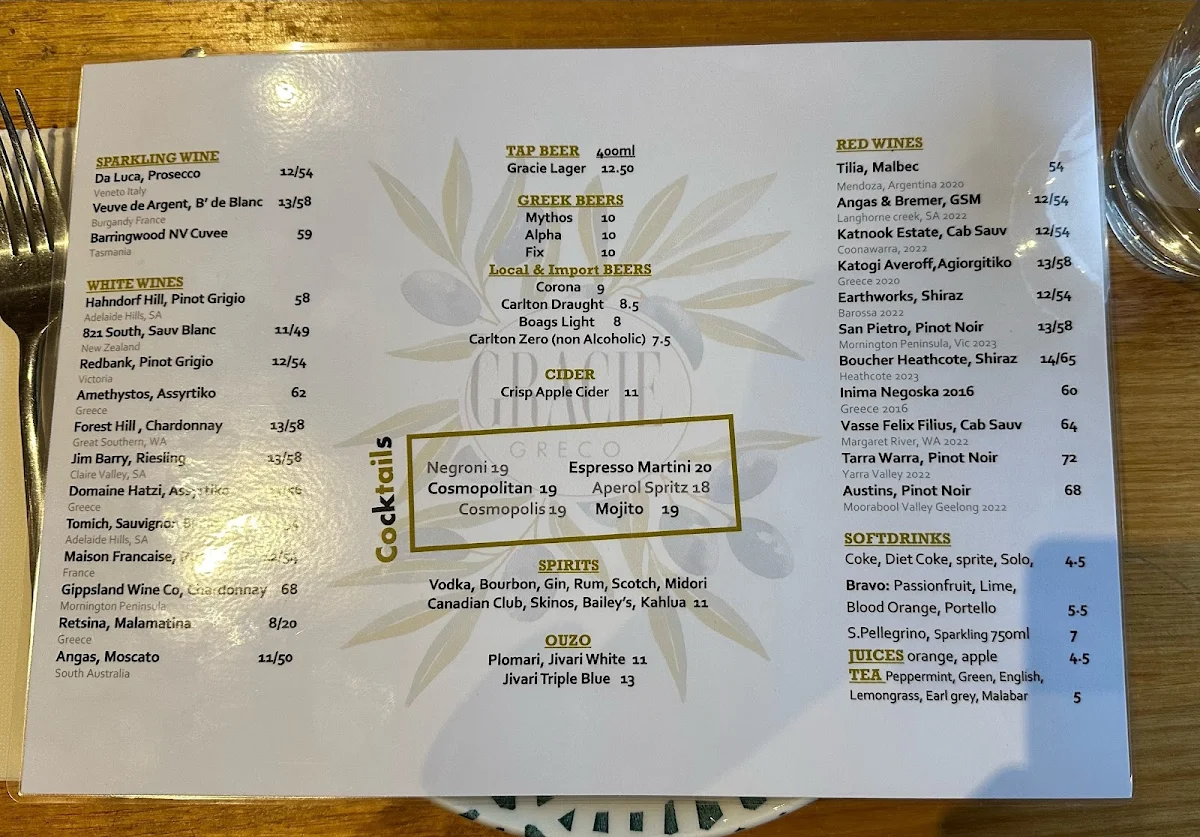Menu, Gracie Greco