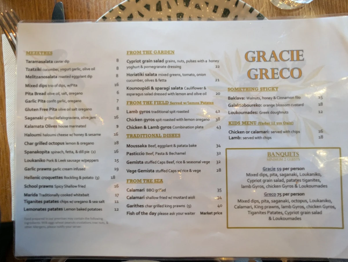 Menu, Gracie Greco