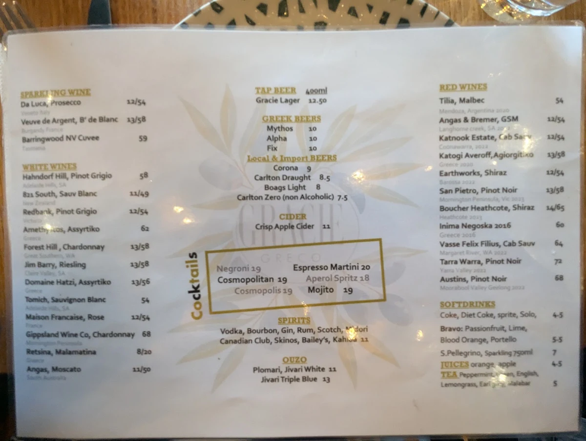 Menu, Gracie Greco