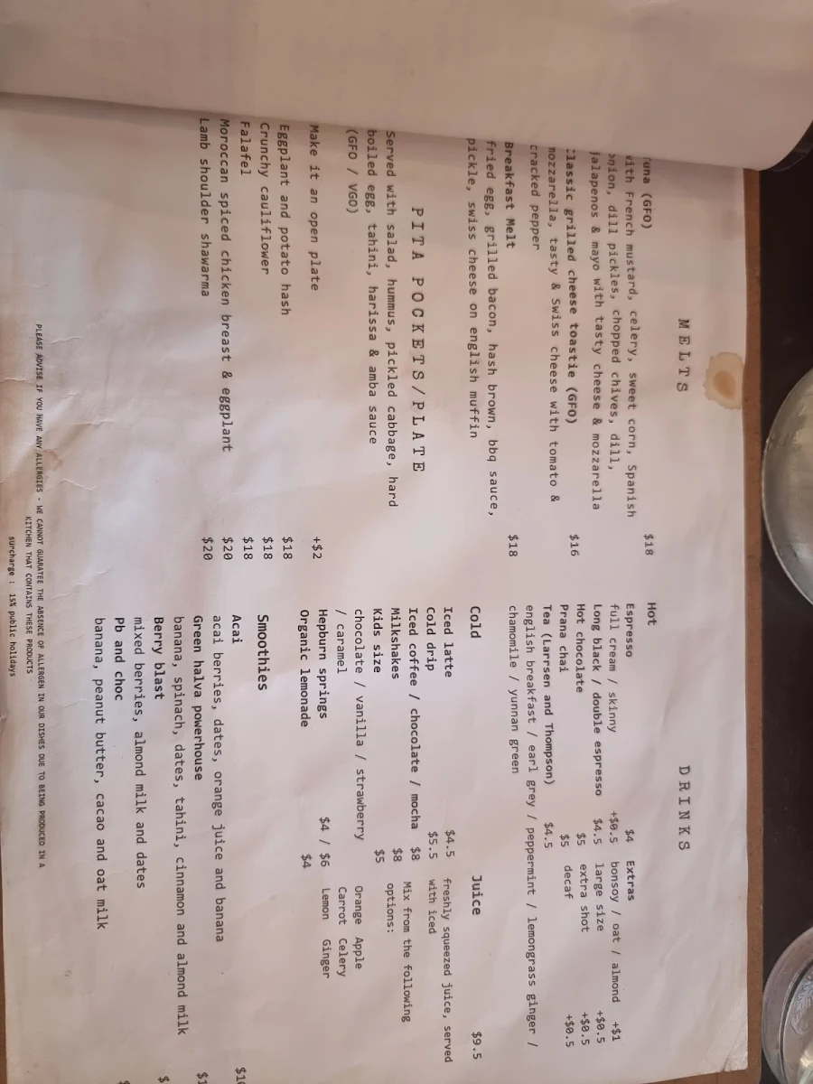 Menu, Spout Cafe