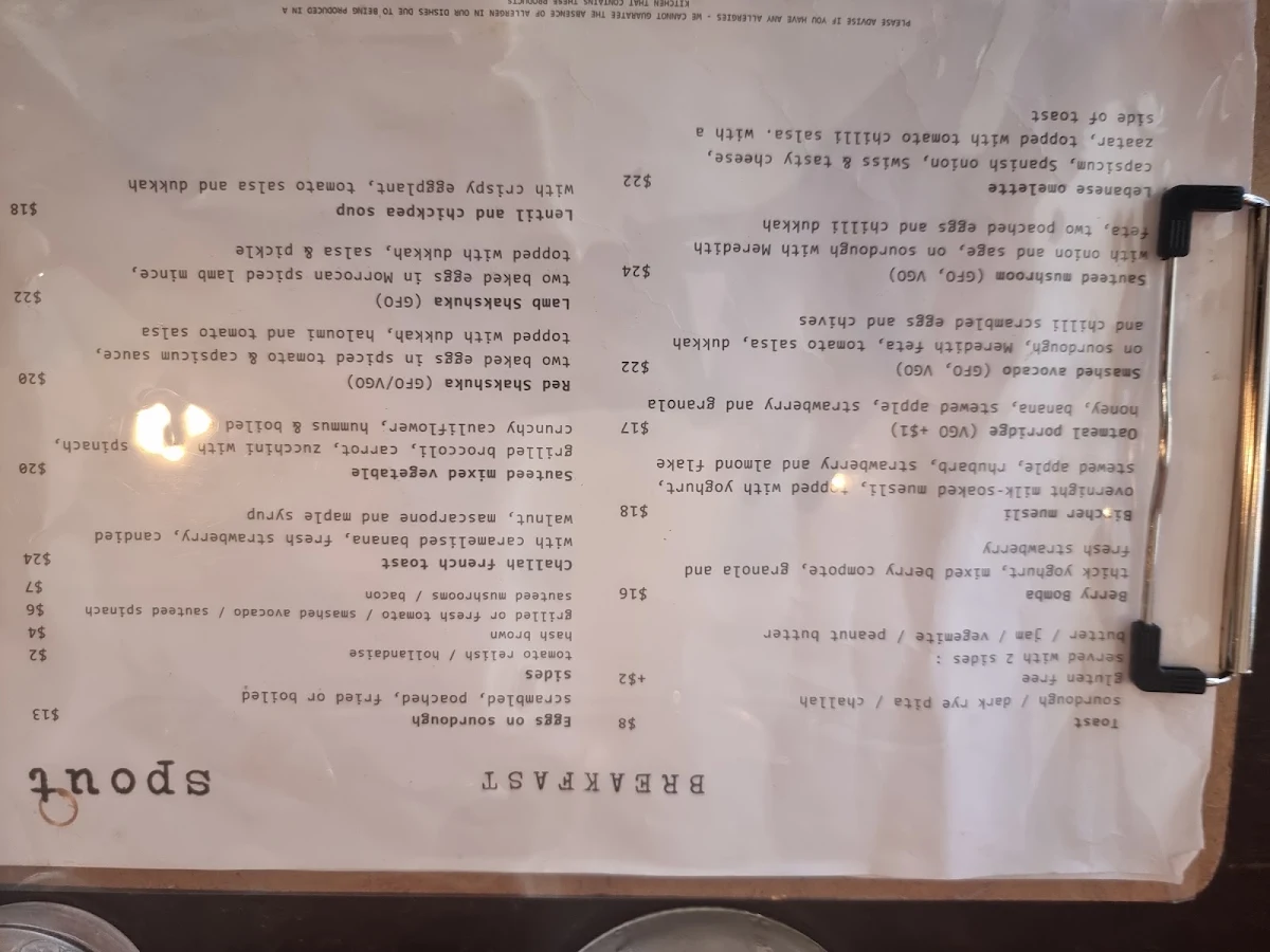 Menu, Spout Cafe