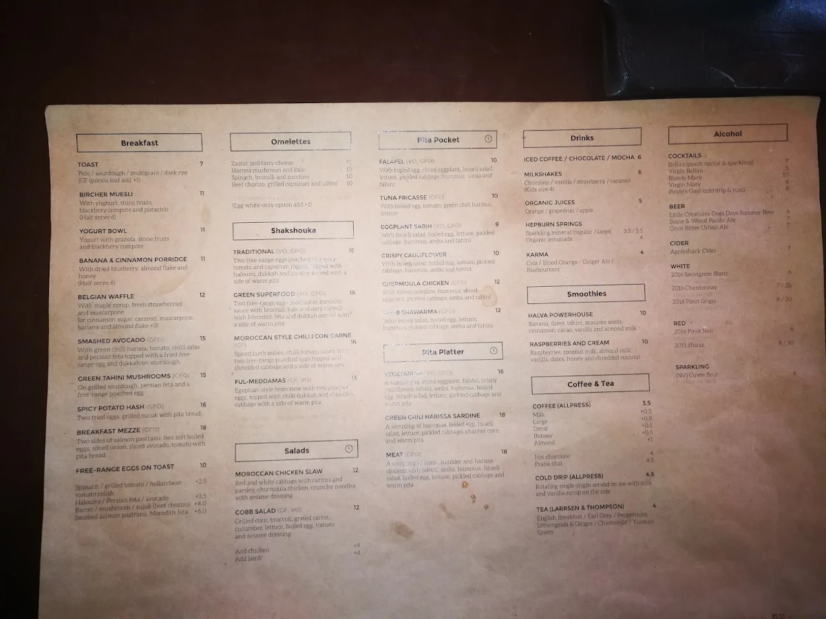 Menu, Spout Cafe
