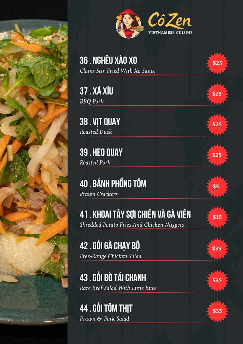 Menu, Co Zen Restaurant