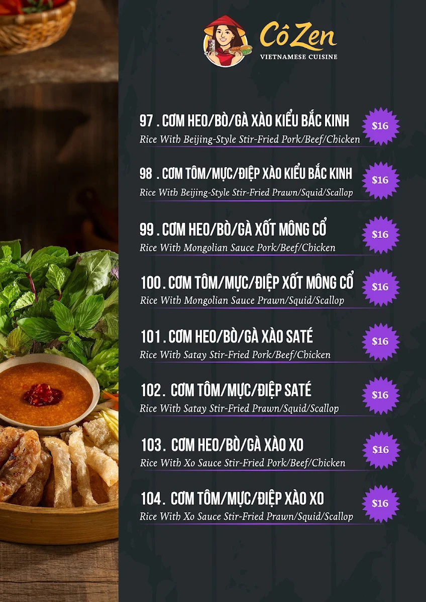 Menu, Co Zen Restaurant