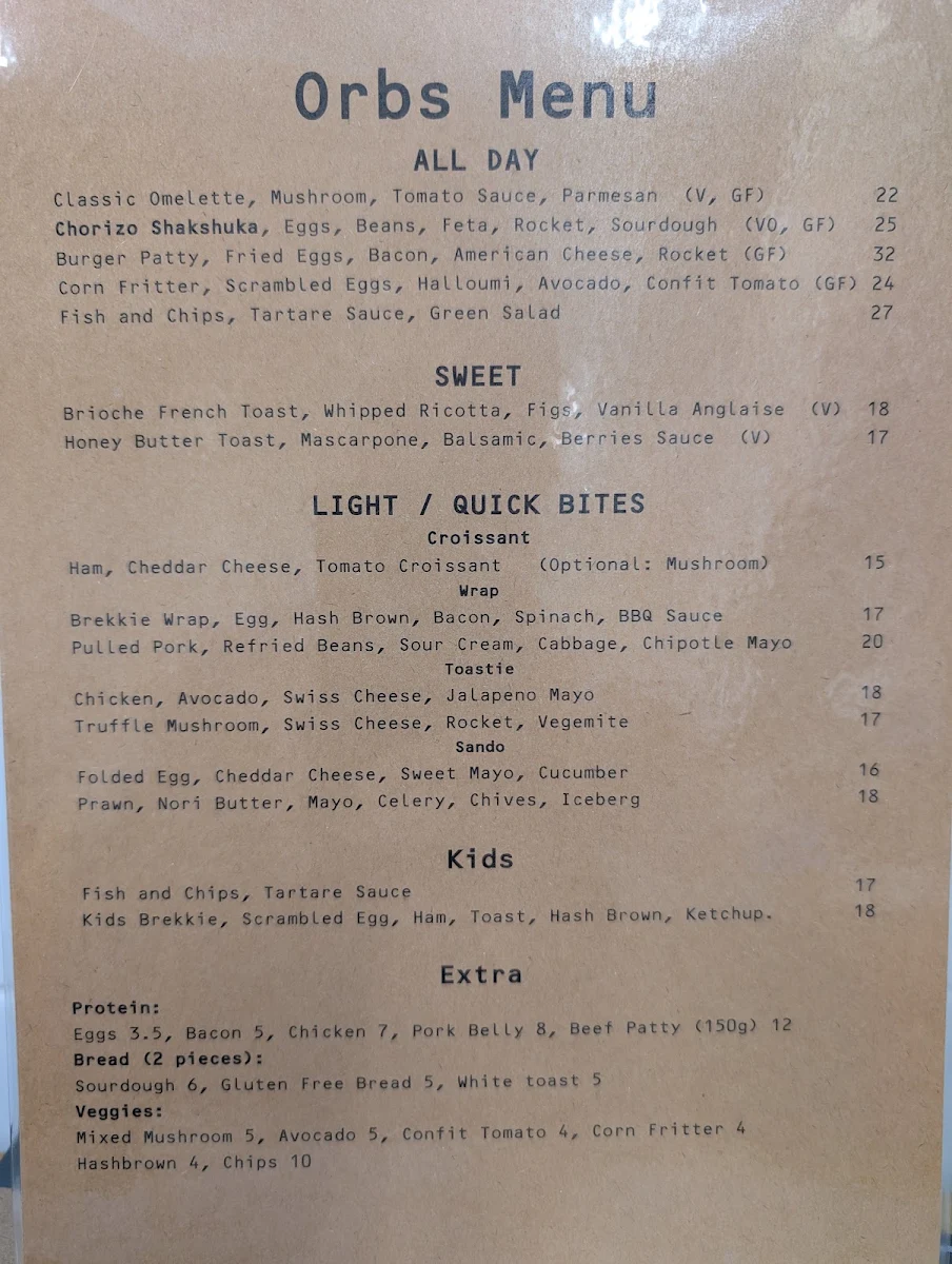 Menu, Orbs Coffee