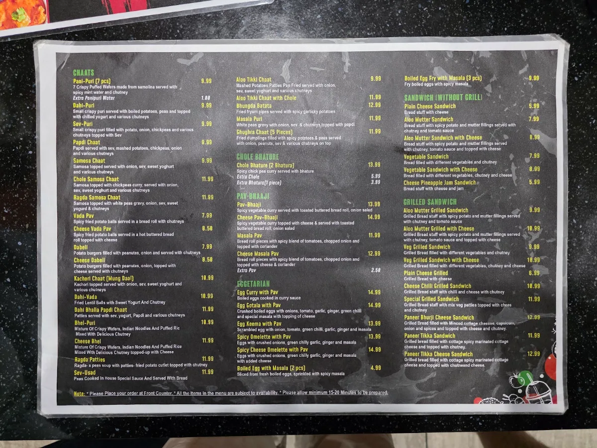 Menu, Chaat Darbar