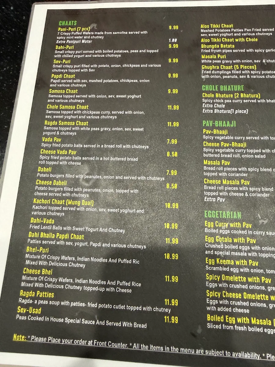 Menu, Chaat Darbar