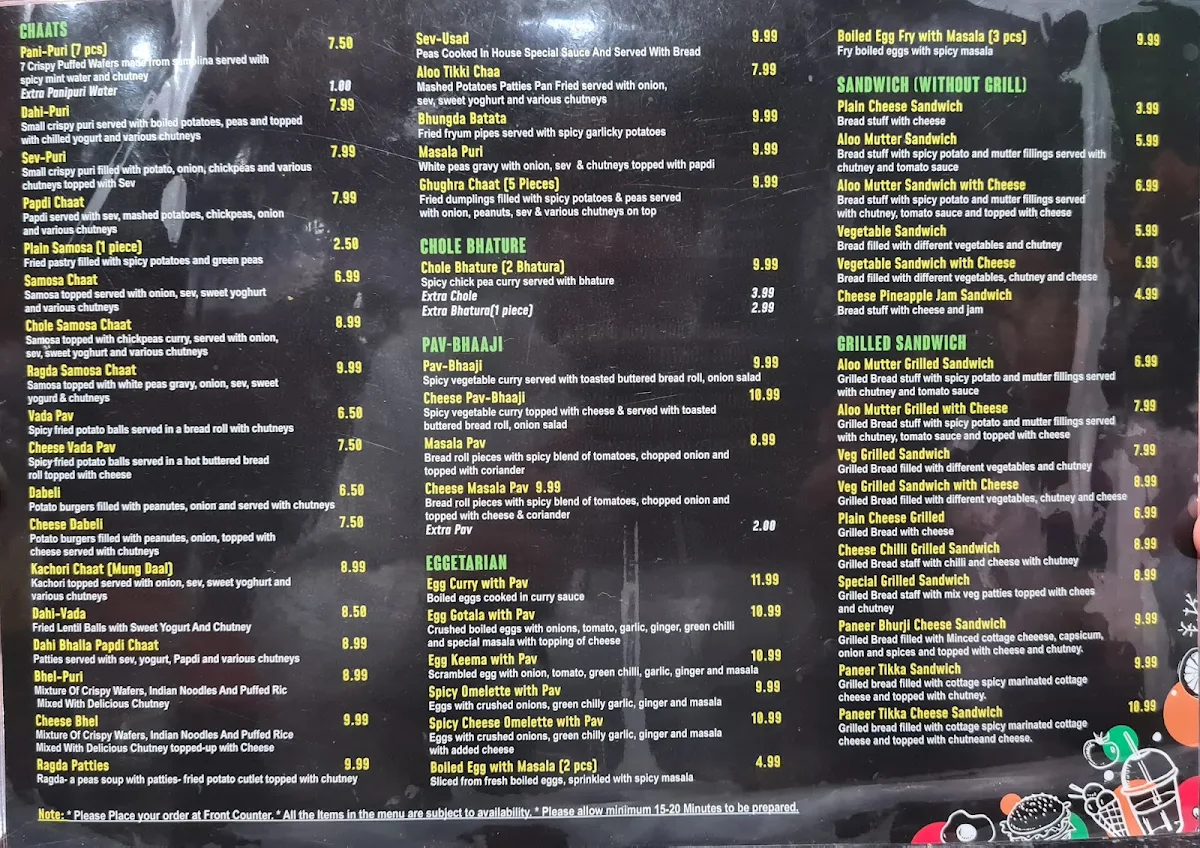 Menu, Chaat Darbar