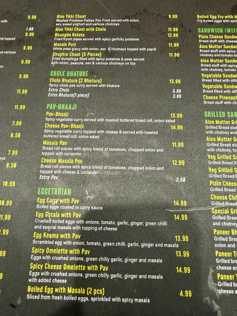 Menu, Chaat Darbar