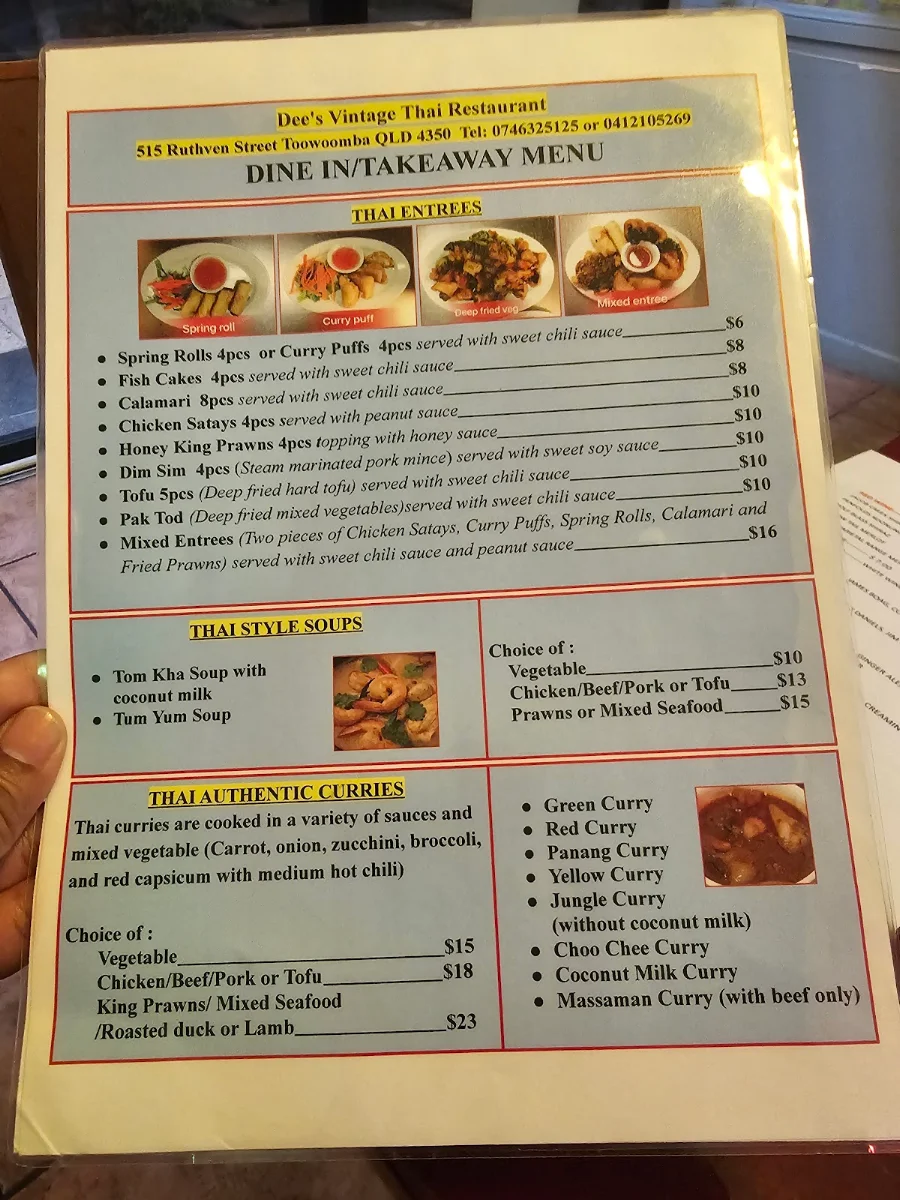 Menu, Dee's Vintage Thai Restaurant