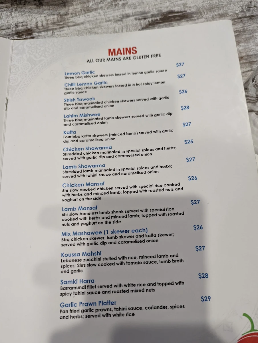 Menu, Fattoosh Lebanese Restaurant