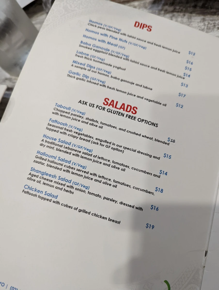 Menu, Fattoosh Lebanese Restaurant