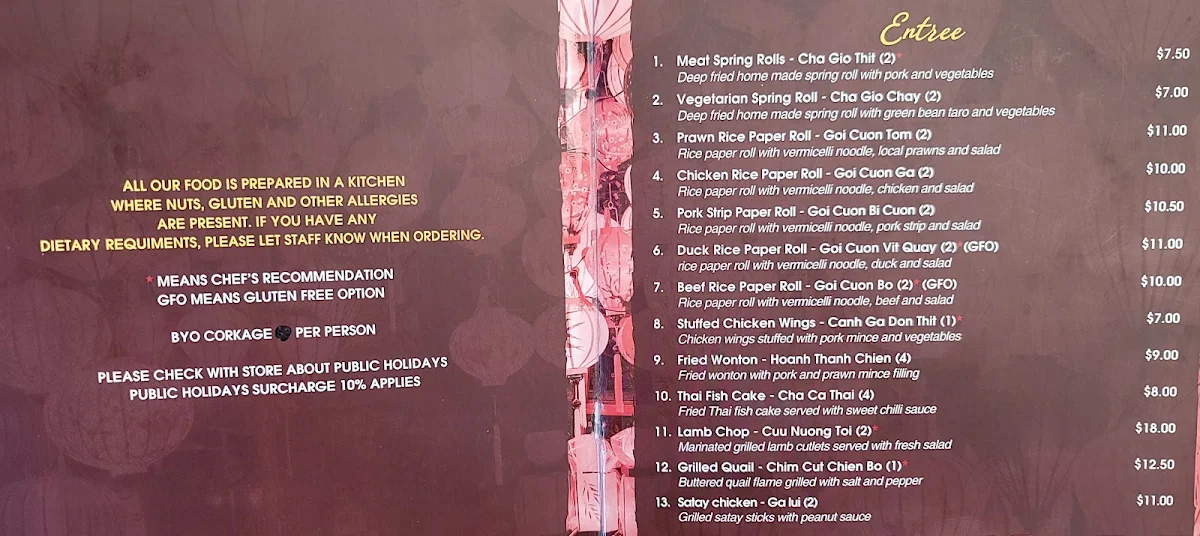 Menu, Huong Viet Noodle House