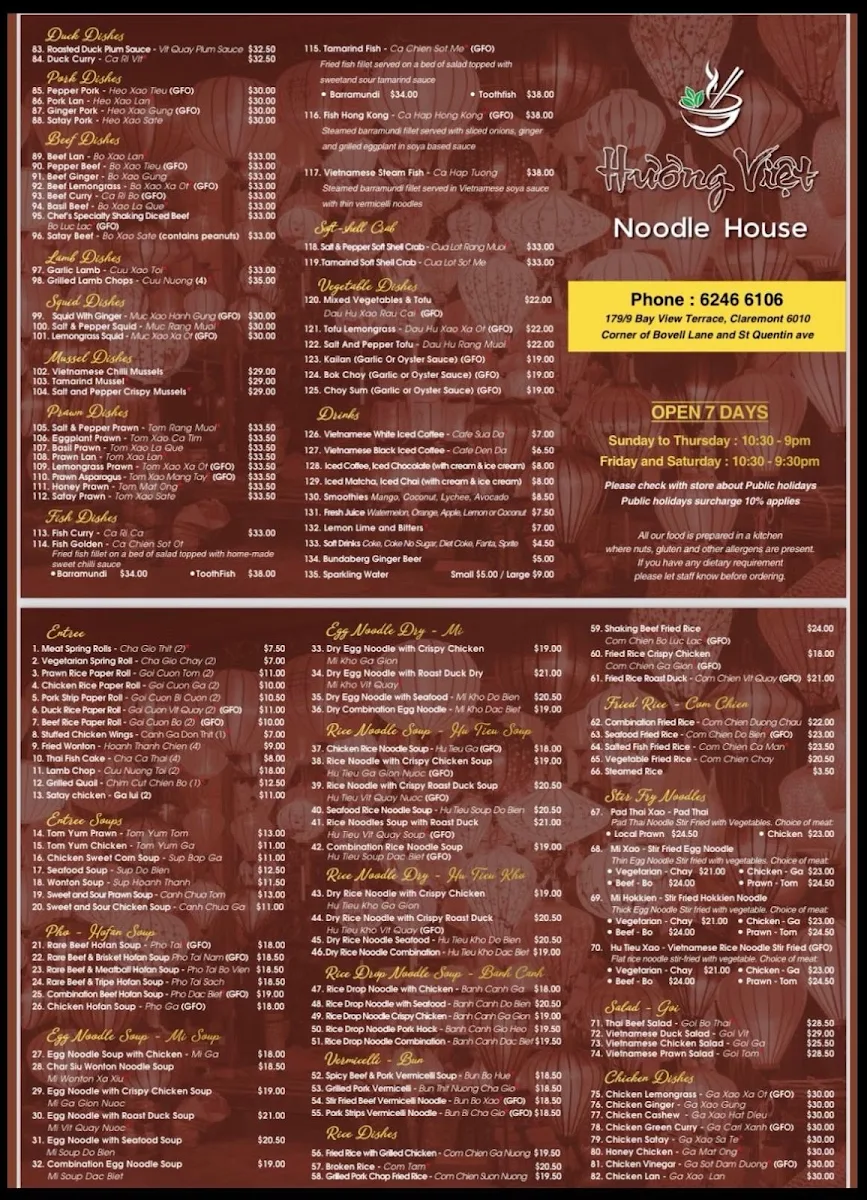 Menu, Huong Viet Noodle House