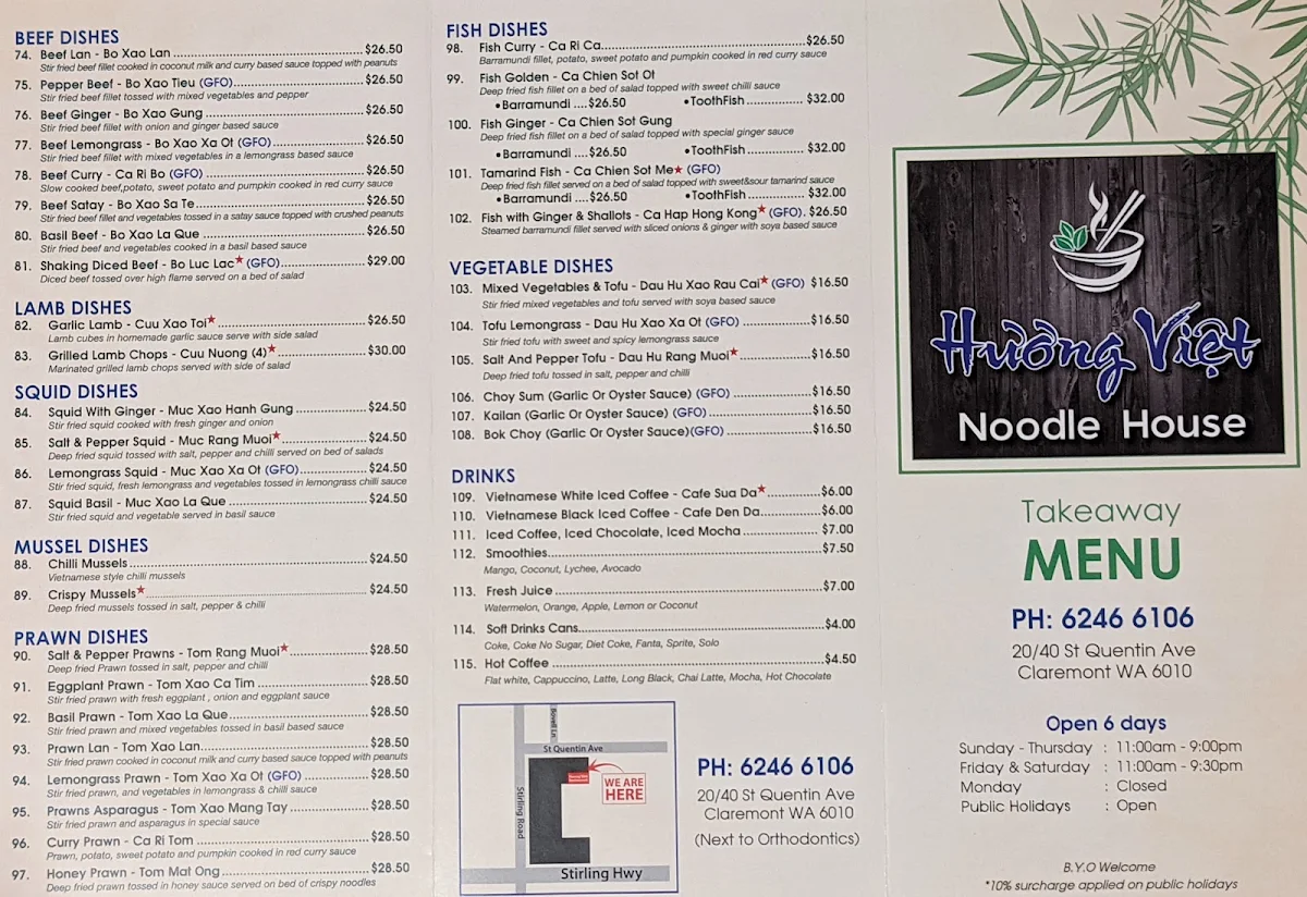 Menu, Huong Viet Noodle House