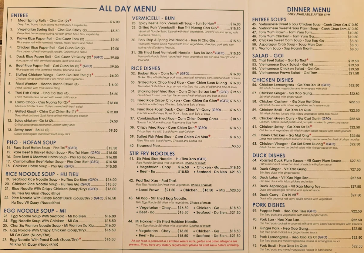 Menu, Huong Viet Noodle House
