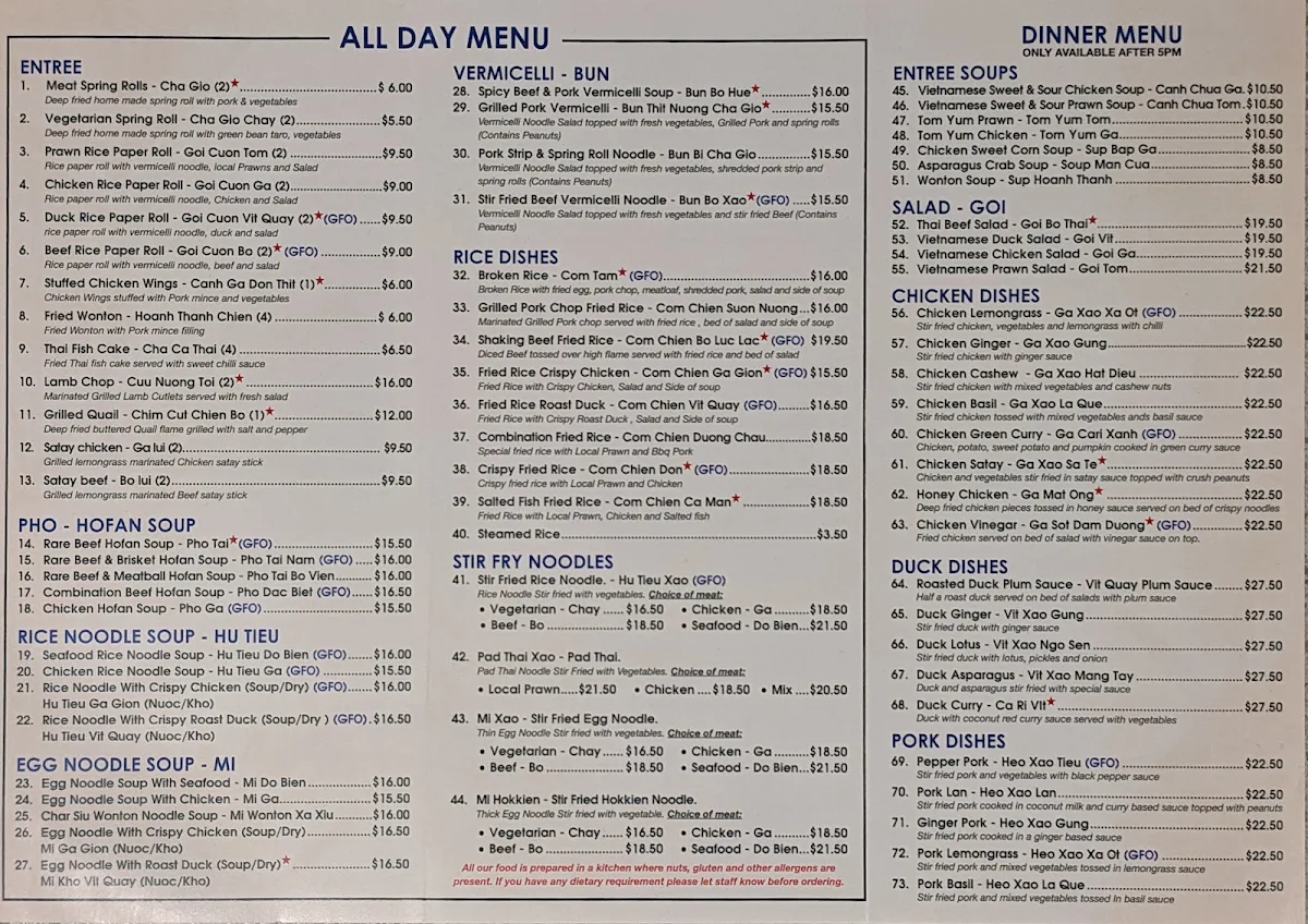 Menu, Huong Viet Noodle House