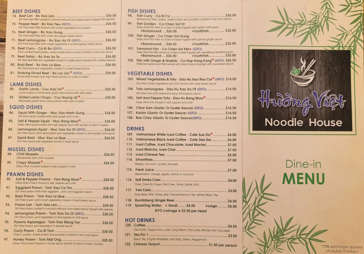 Menu, Huong Viet Noodle House