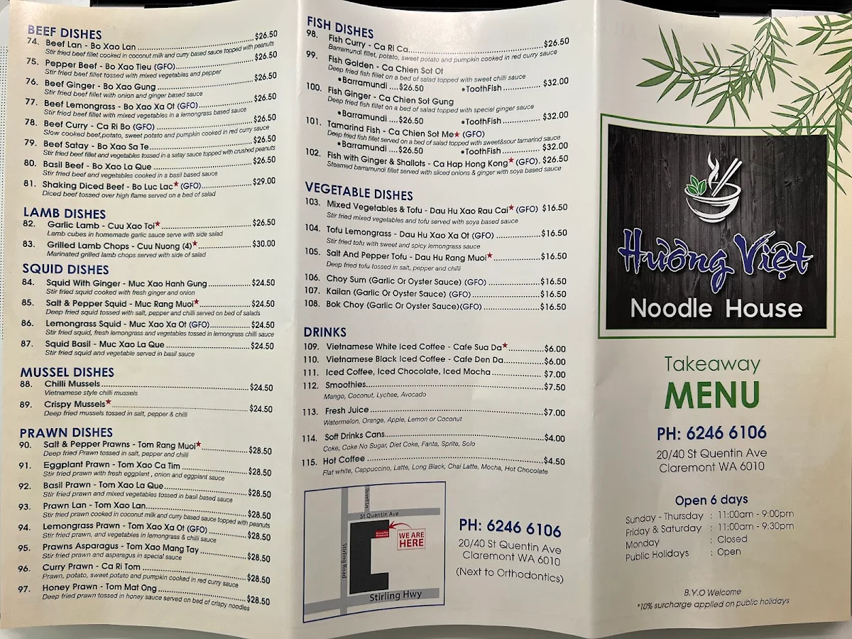 Menu, Huong Viet Noodle House
