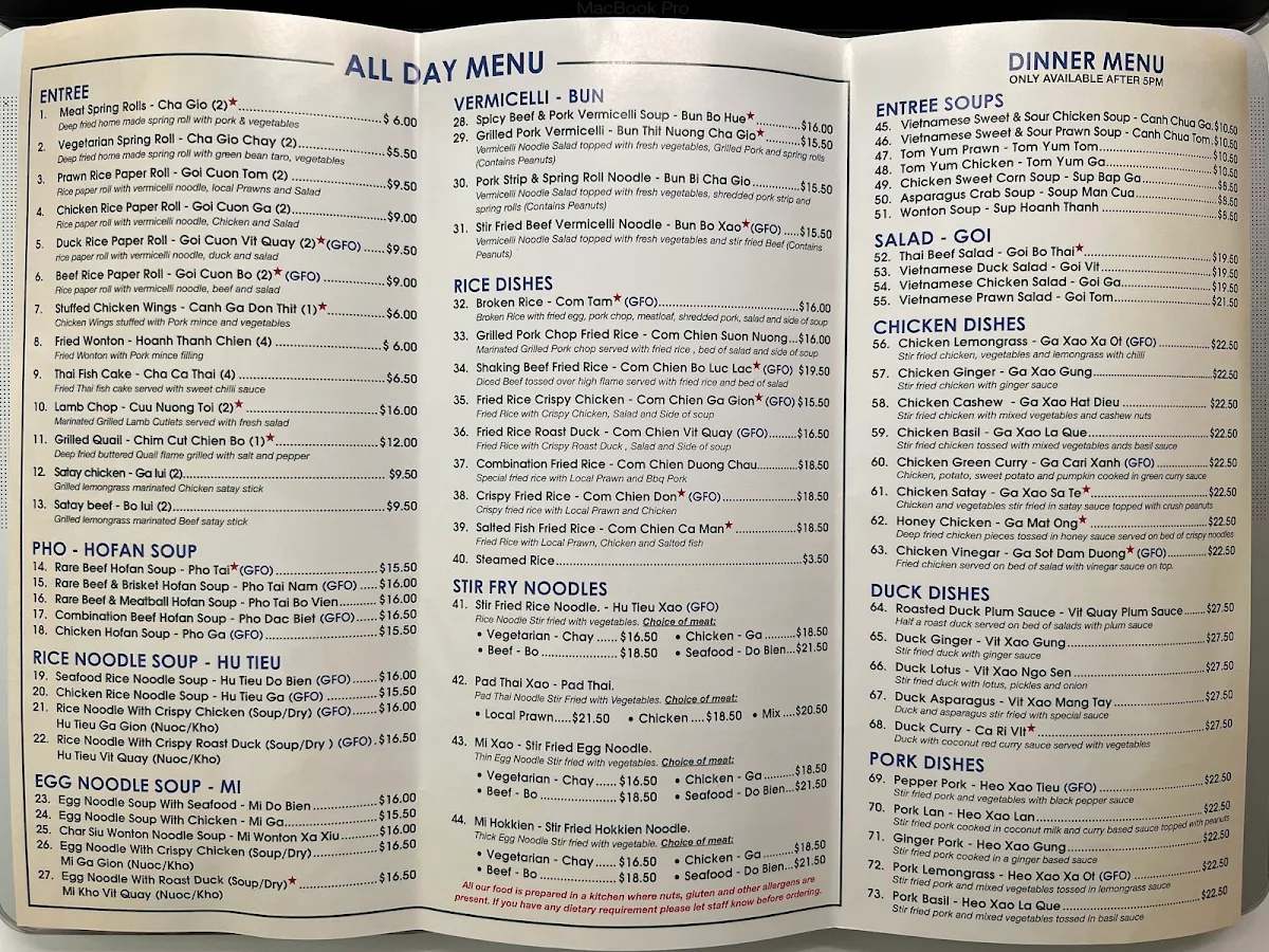 Menu, Huong Viet Noodle House