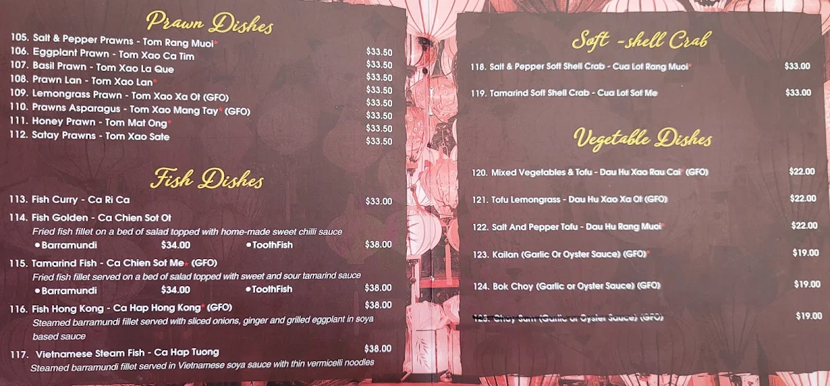 Menu, Huong Viet Noodle House