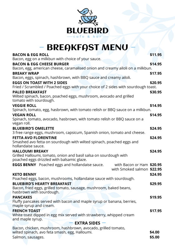 Menu, Bluebird cafe & bar
