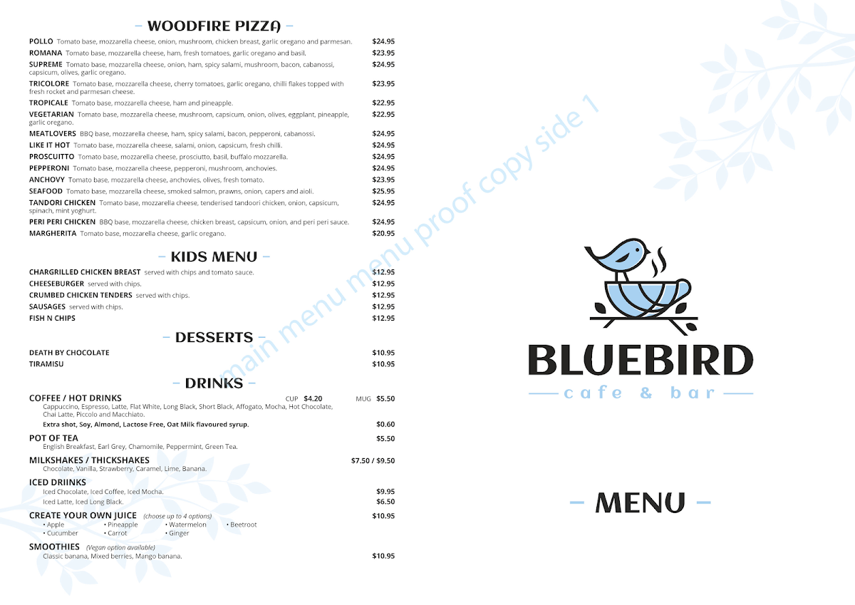 Menu, Bluebird cafe & bar