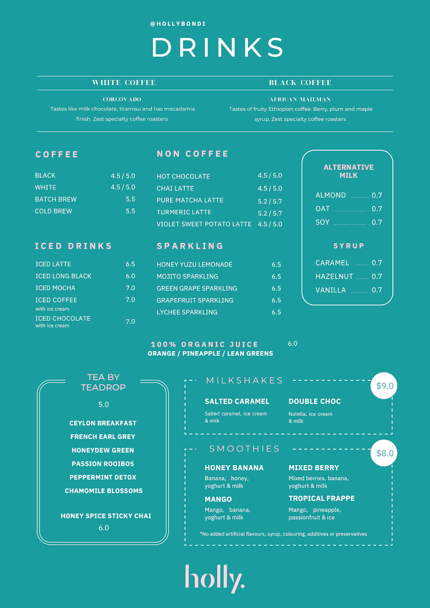 Menu, Holly Cafe