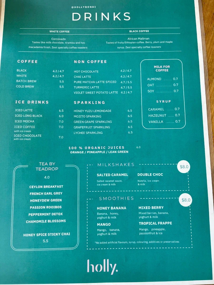 Menu, Holly Cafe