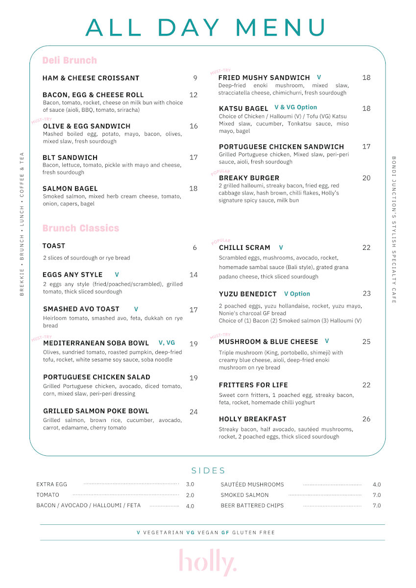 Menu, Holly Cafe
