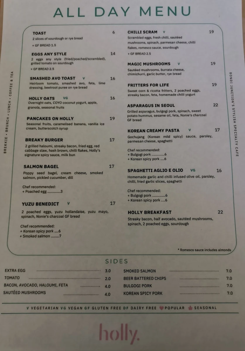Menu, Holly Cafe