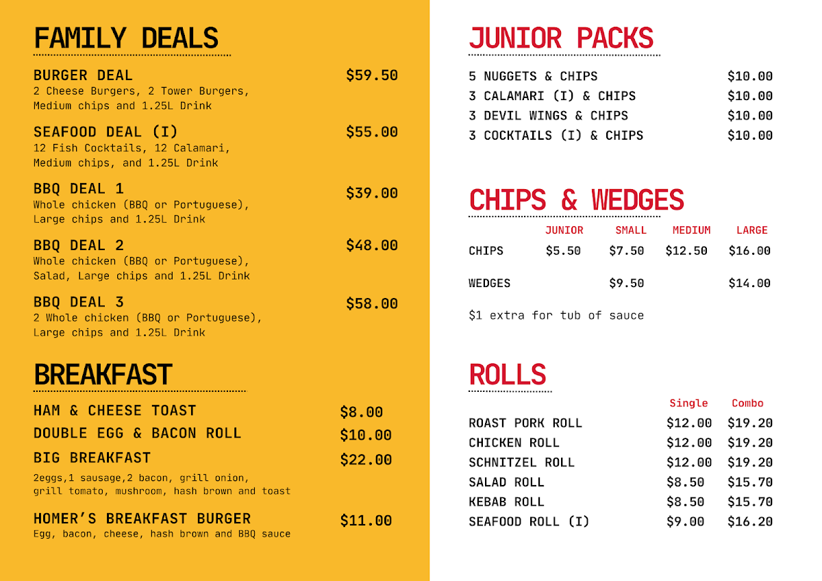 Menu, Homers Wetherill Park