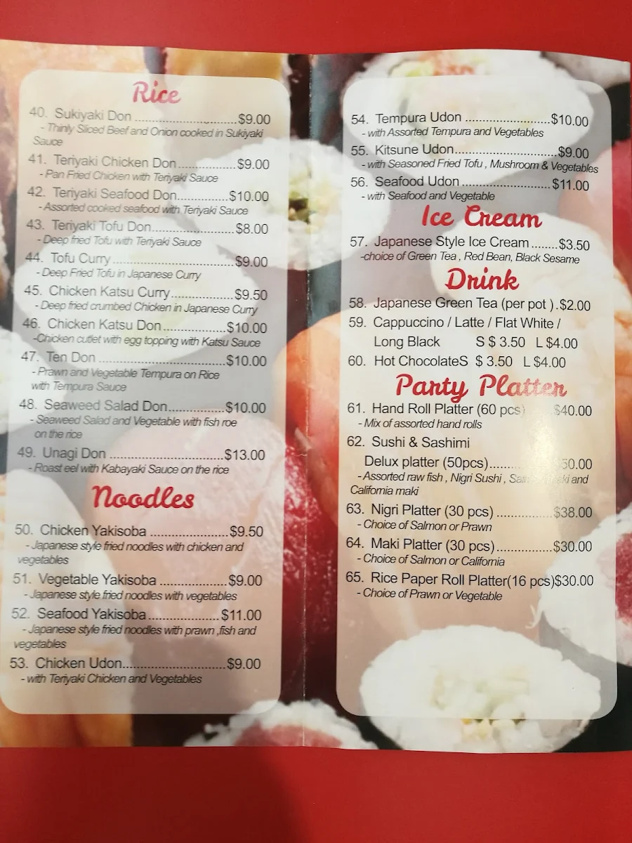 Menu, J Sushi Cafe