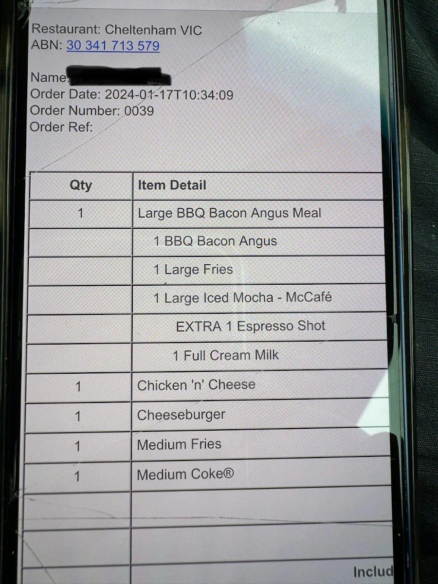 Menu, McDonald's Cheltenham