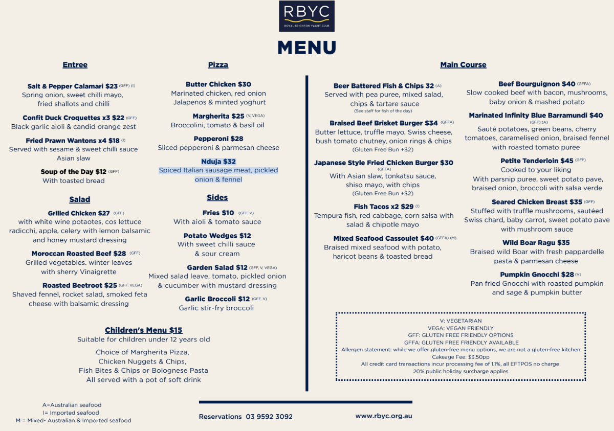 Menu, Royal Brighton Yacht Club